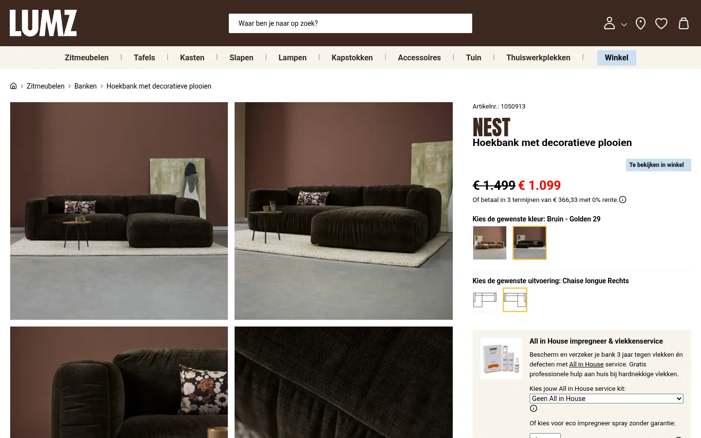 De Nest-pagina op lumz.nl nu, 1440 × 900 px: de knop In winkelwagen staat niet in beeld.