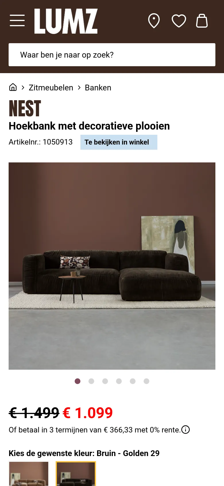 De Nest-pagina op lumz.nl nu, mobiel: geen bestelknop in beeld.